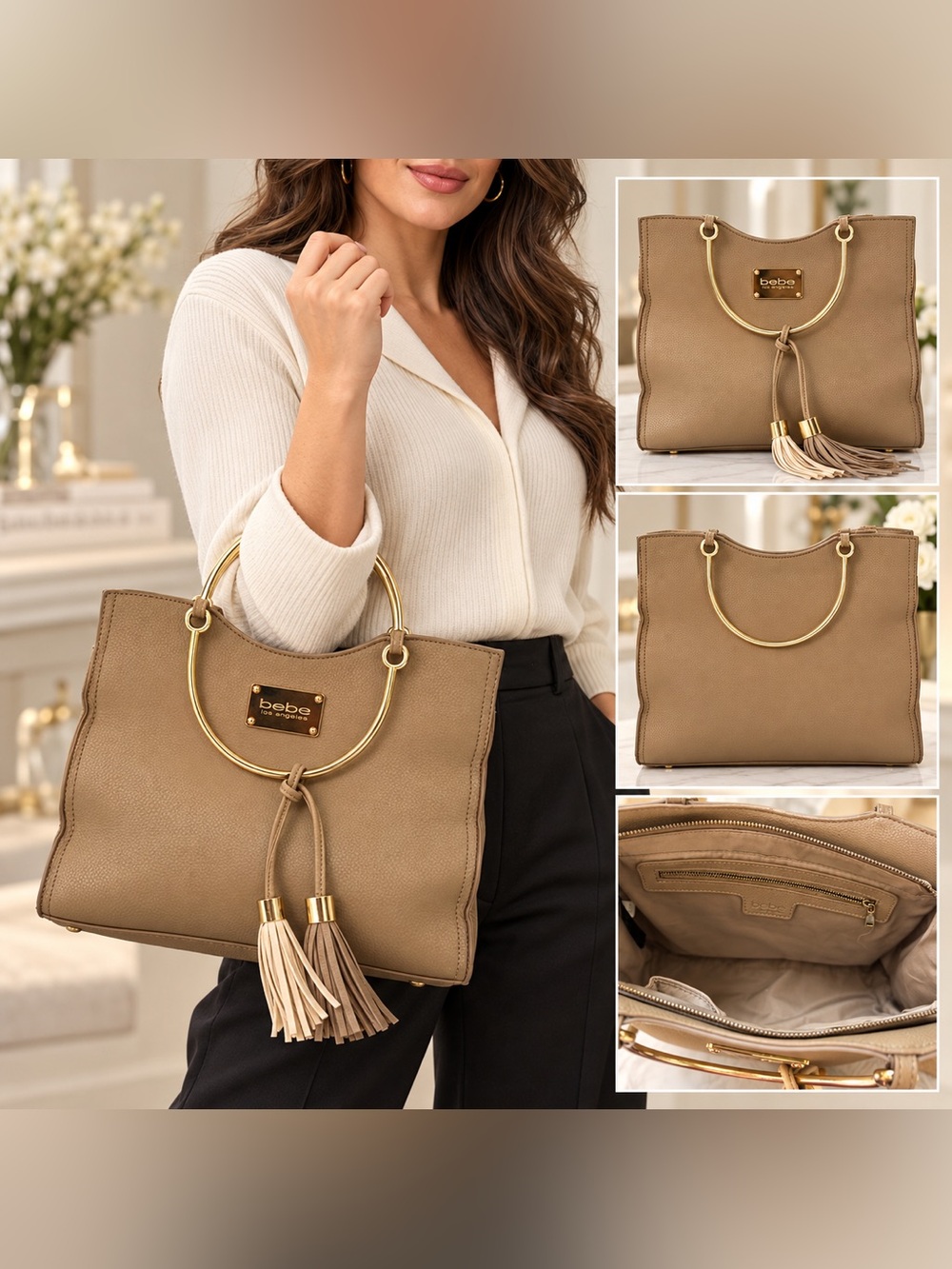 bebe Taupe Tote with Gold Ring Handles and Tassel